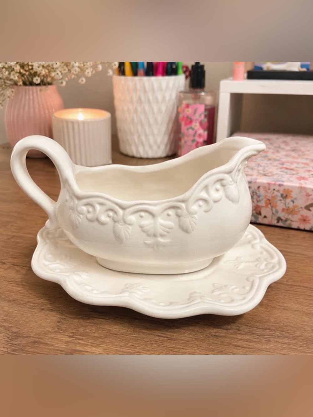 Vintage White Embossed Ceramic Gravy Boat with Underplate